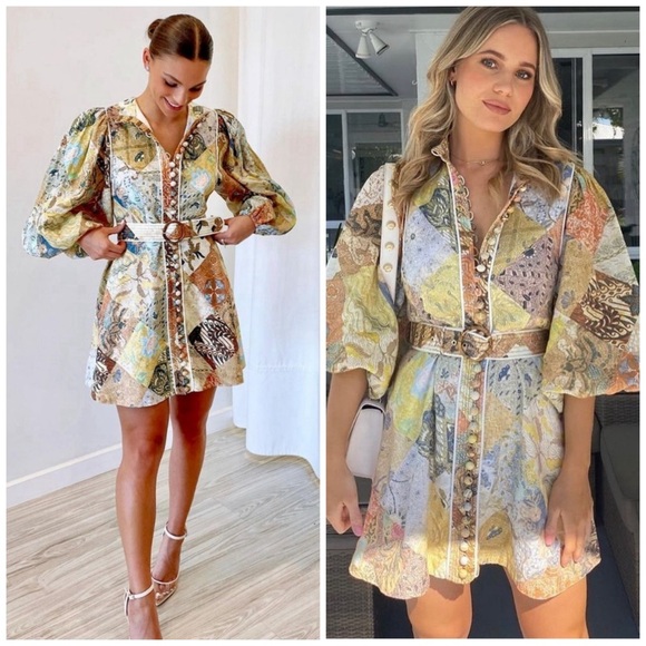 Zimmermann Dresses & Skirts - Zimmermann Brightside Belted Patchwork Print Linen Mini Dress Size 8